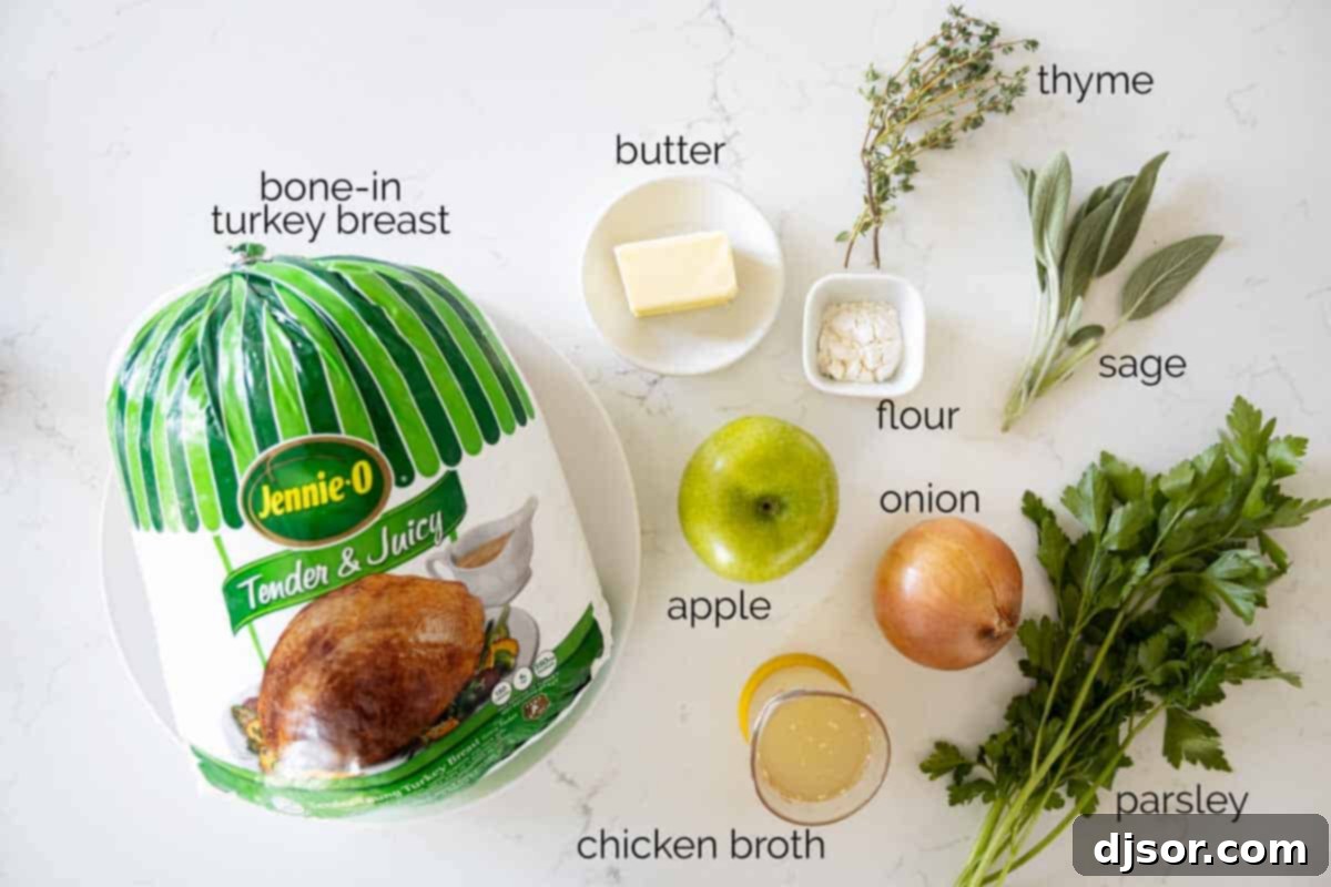 Key Ingredients for a Flavorful and Moist Herbed Butter Roast Turkey Breast A selection of fresh ingredients laid out on a kitchen counter, including a bone-in turkey breast, softened butter, fresh parsley, sage, thyme, a whole apple, an onion, flour, and chicken broth, ready for making Herbed Butter Roast Turkey Breast.