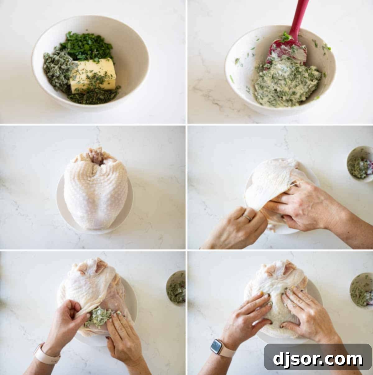 Applying Herbed Butter to Turkey Breast for Ultimate Flavor and Juiciness A step-by-step visual showing how to gently lift the skin of a turkey breast and spread the herbed butter directly onto the meat underneath, ensuring maximum flavor and moisture distribution.