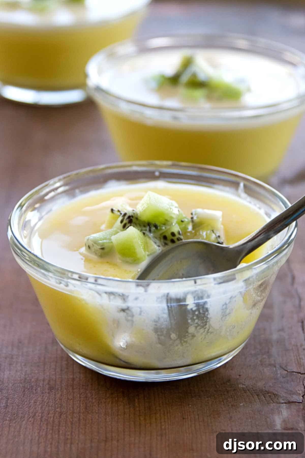 Mango Pudding with a bite taken from it