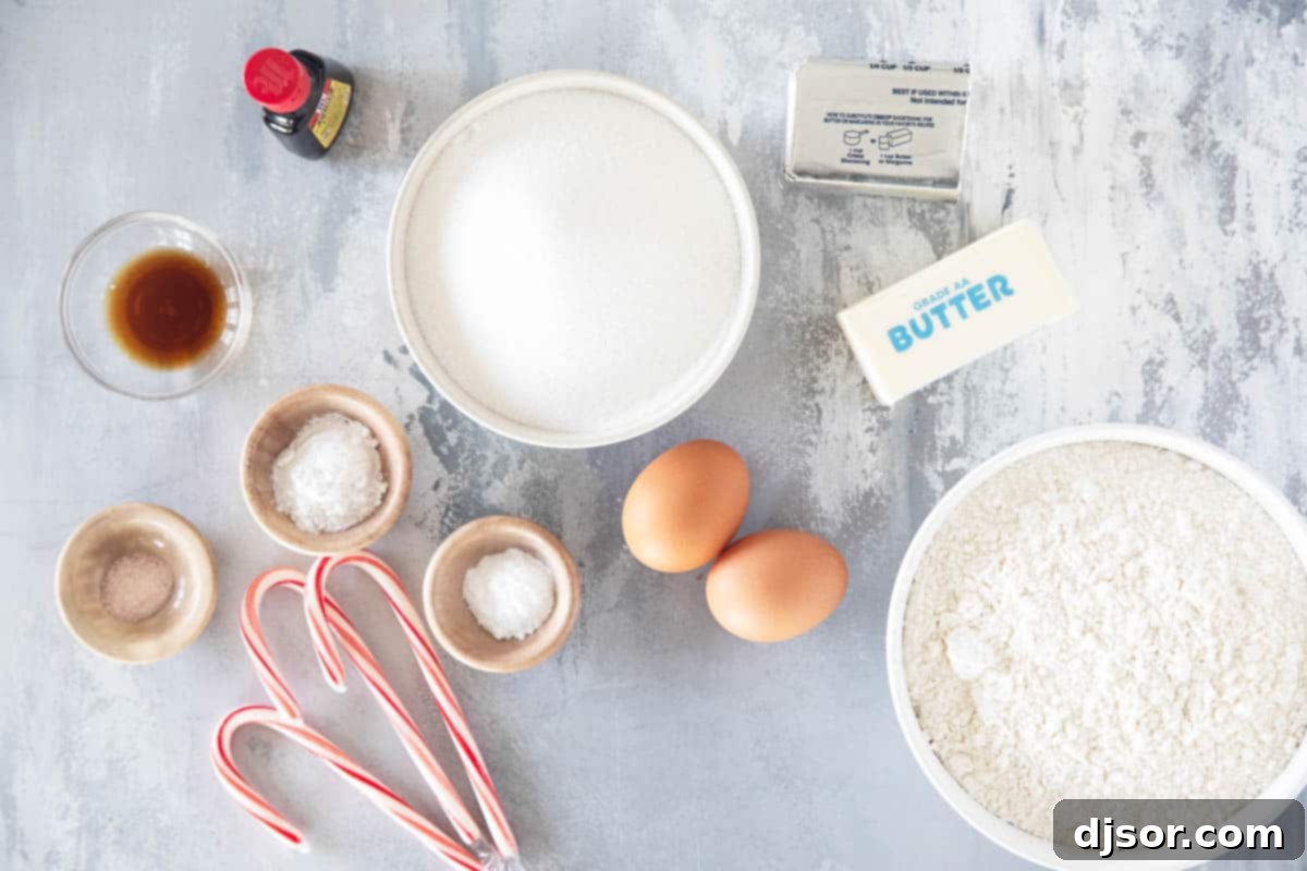 Festive Peppermint Snickerdoodles 3 Ingredients for Peppermint Snickerdoodles laid out on a kitchen counter, ready for baking.