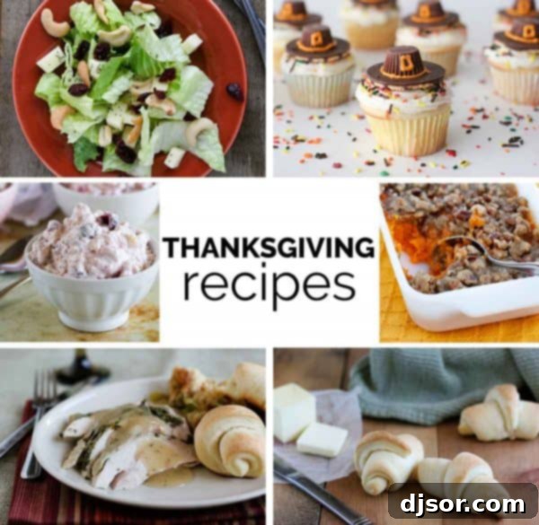 A collection of Thanksgiving ideas - recipes for everything from the turkey to dessert! A vibrant collage of delicious Thanksgiving dishes including roasted turkey, sweet potato casserole, various salads, dinner rolls, and apple pie, presented beautifully for a festive meal.