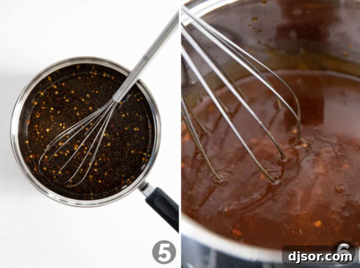 Ingredients for the vibrant orange chicken sauce are combined in a saucepan, ready to be simmered and thickened.