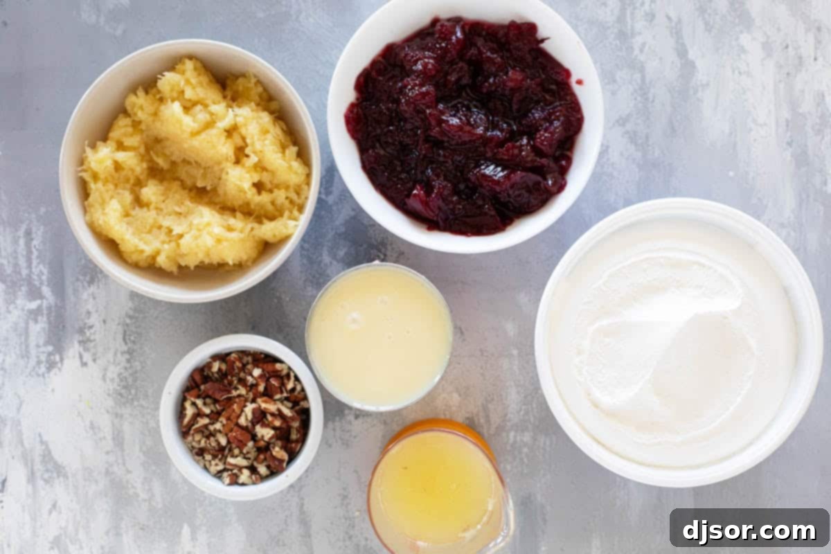 Ruby Red Cranberry Ambrosia 3 All six essential ingredients for making the quick and easy Cranberry Salad laid out on a clean surface: sweetened condensed milk, lemon juice, whole berry cranberry sauce, crushed pineapple, chopped nuts, and frozen whipped topping.