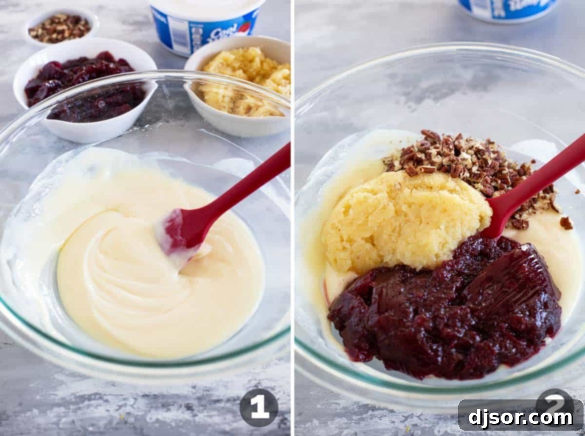 Ruby Red Cranberry Ambrosia 4 Step-by-step imagery showing sweetened condensed milk and lemon juice being stirred, followed by the addition of whole berry cranberry sauce, drained crushed pineapple, and chopped pecans into a mixing bowl for Cranberry Salad.