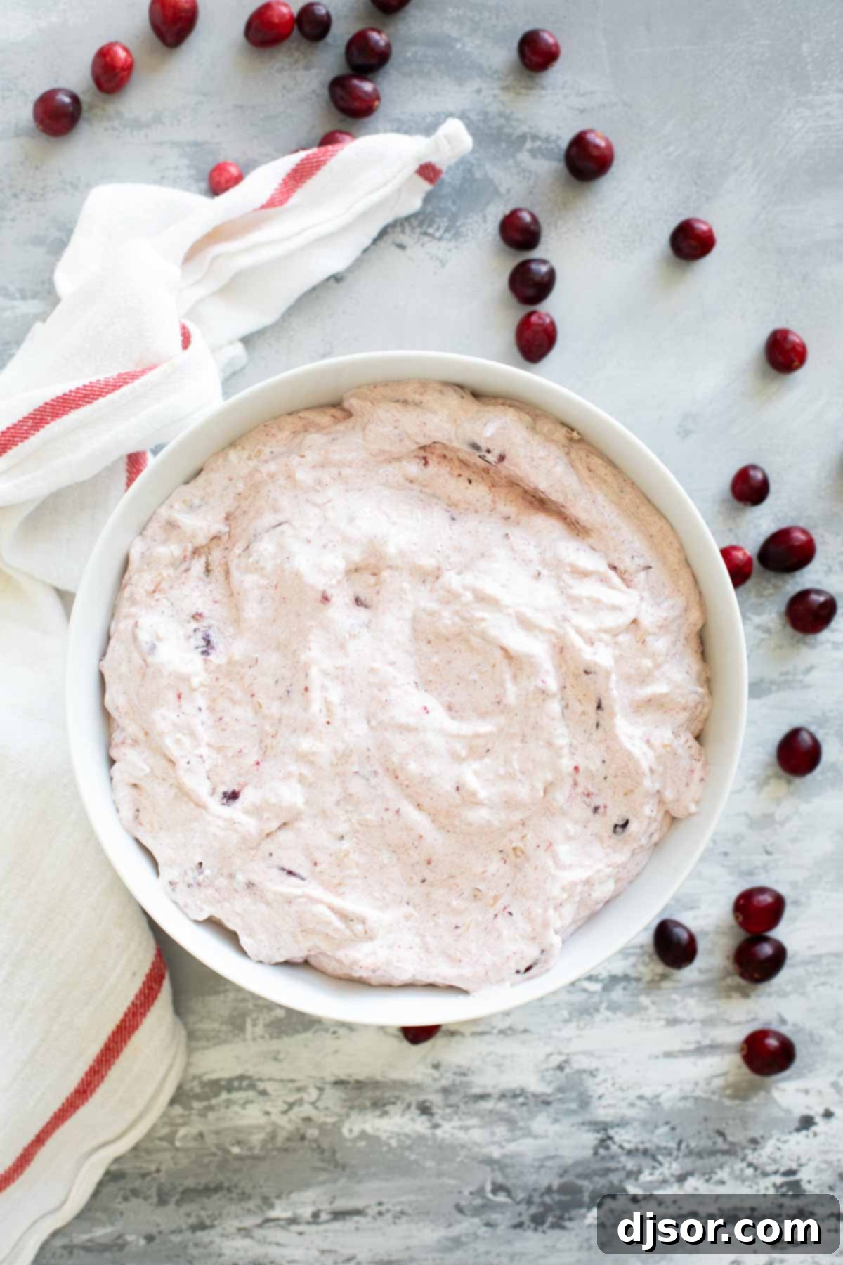 Ruby Red Cranberry Ambrosia 6 A beautiful serving bowl brimming with Cranberry Salad, garnished with fresh cranberries and a sprig of mint, ready to be presented at a holiday meal.