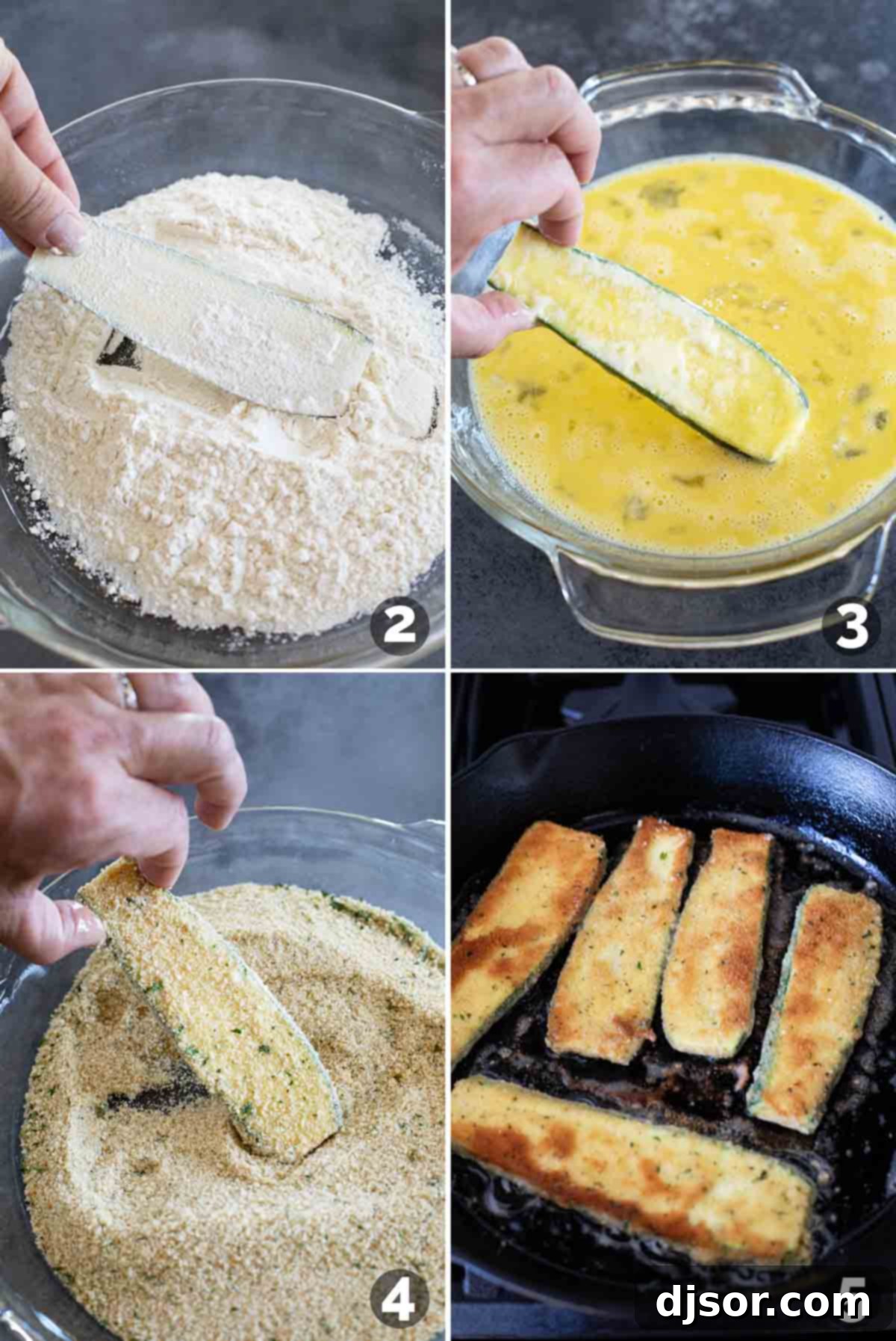 Baked Zucchini Parmesan 5 A sequence of images showing the process of breading and pan-frying zucchini slices: first dredging in flour, then dipping in egg, coating with breadcrumbs, and finally frying in a skillet until golden.
