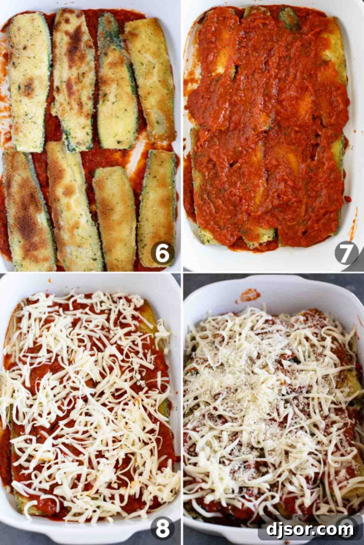 Baked Zucchini Parmesan 6 Hands carefully arranging pan-fried zucchini slices, marinara sauce, and shredded mozzarella cheese in layers within a casserole dish, ready for baking to create Zucchini Parmesan.