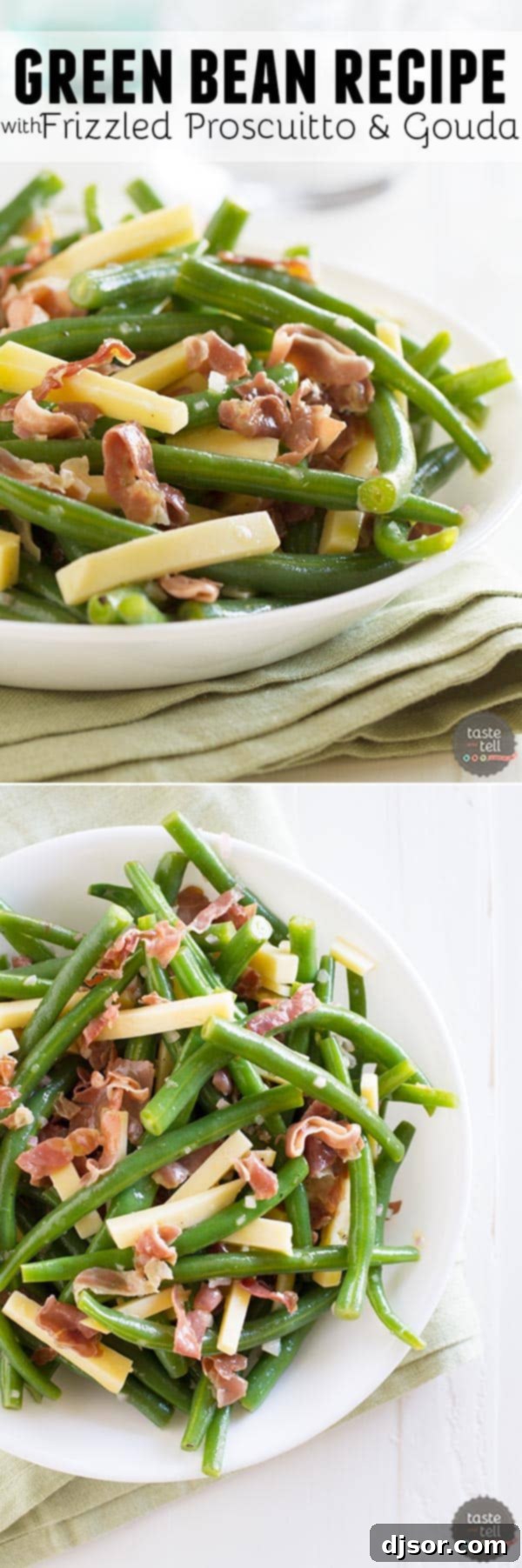 A plate of delicious green beans with golden frizzled prosciutto and creamy Gouda, ready to be served.