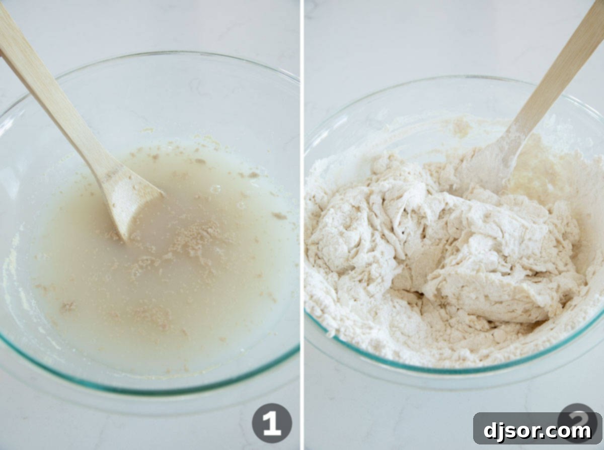Mixing water, yeast, and salt, and then adding flour for pizza dough.