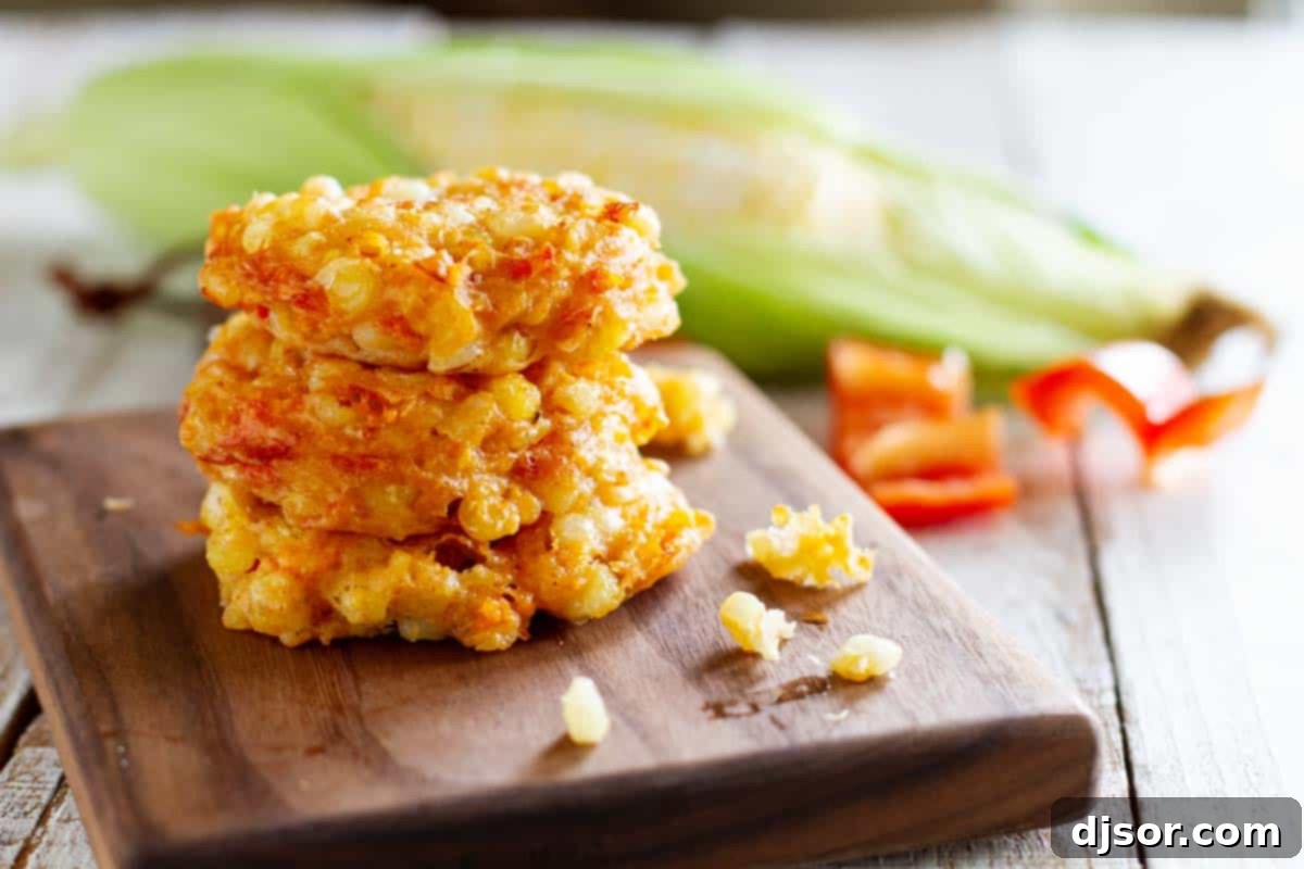 Stack of golden-brown, cheesy Cheddar Corn Fritters, garnished with fresh herbs and ready to be served