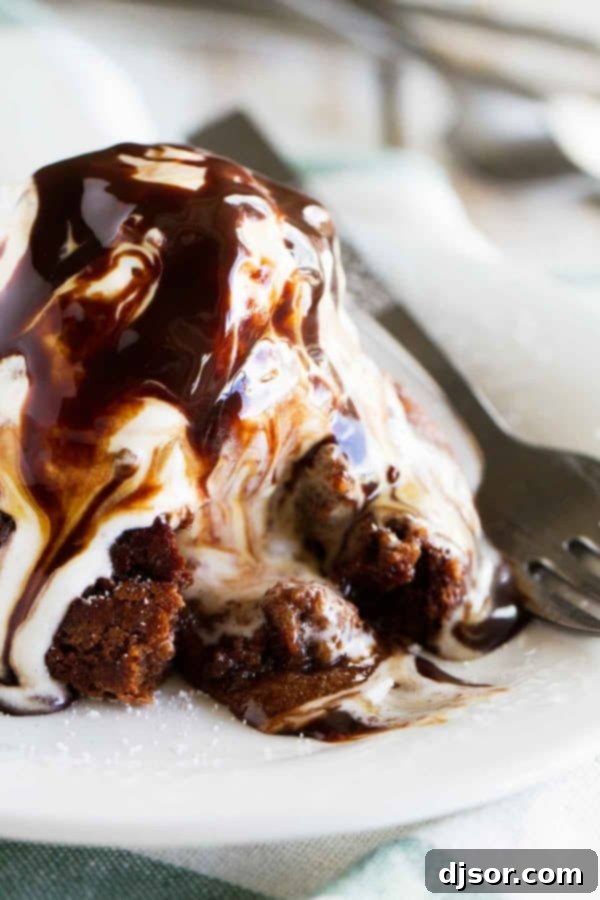 A classic Chocolate Molten Lava Cake with a rich chocolate exterior and a liquid molten center, served with ice cream.