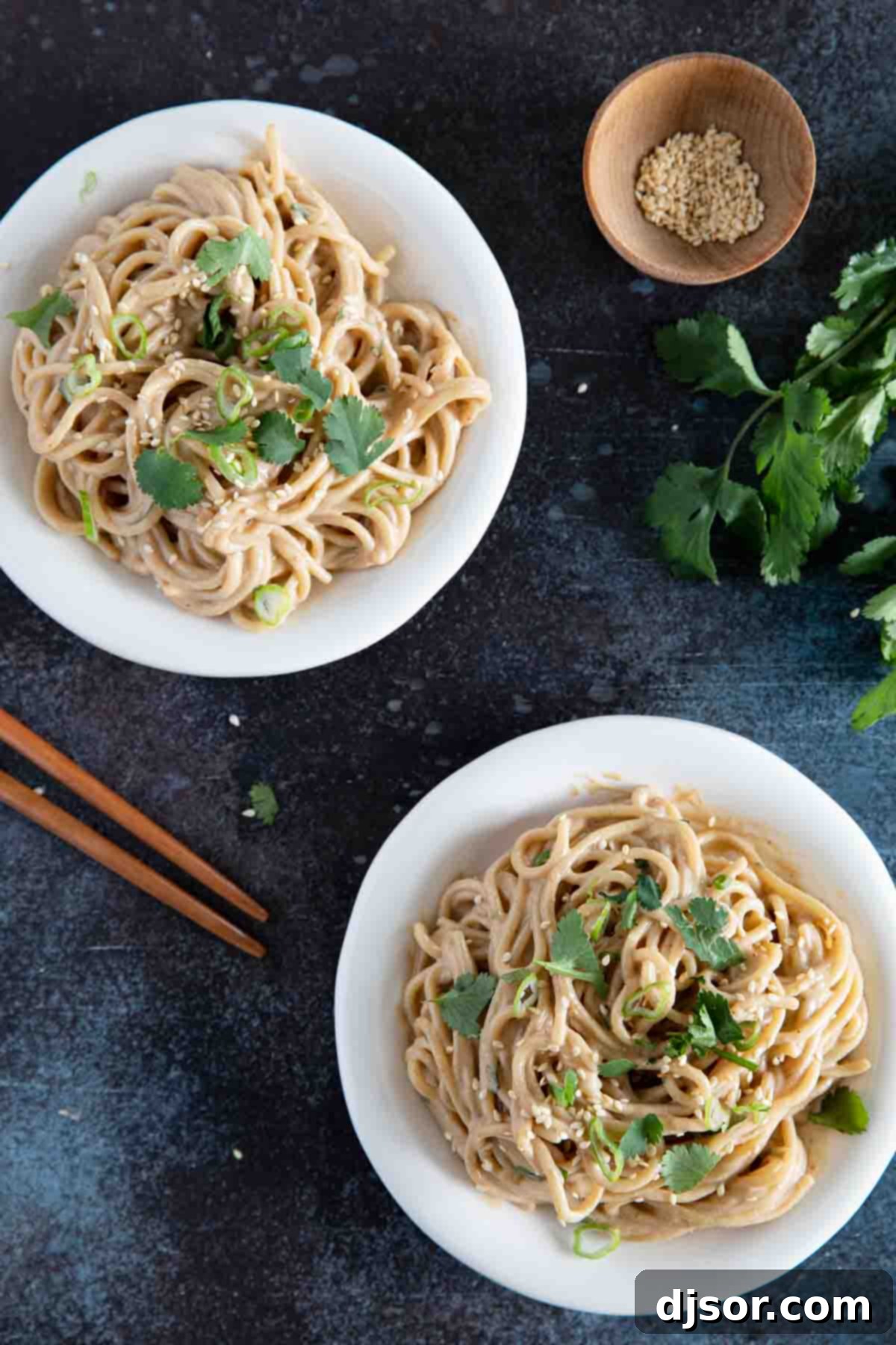 Two beautifully presented plates of Thai Peanut Noodles, generously topped with fresh cilantro and green onions, ready for serving.