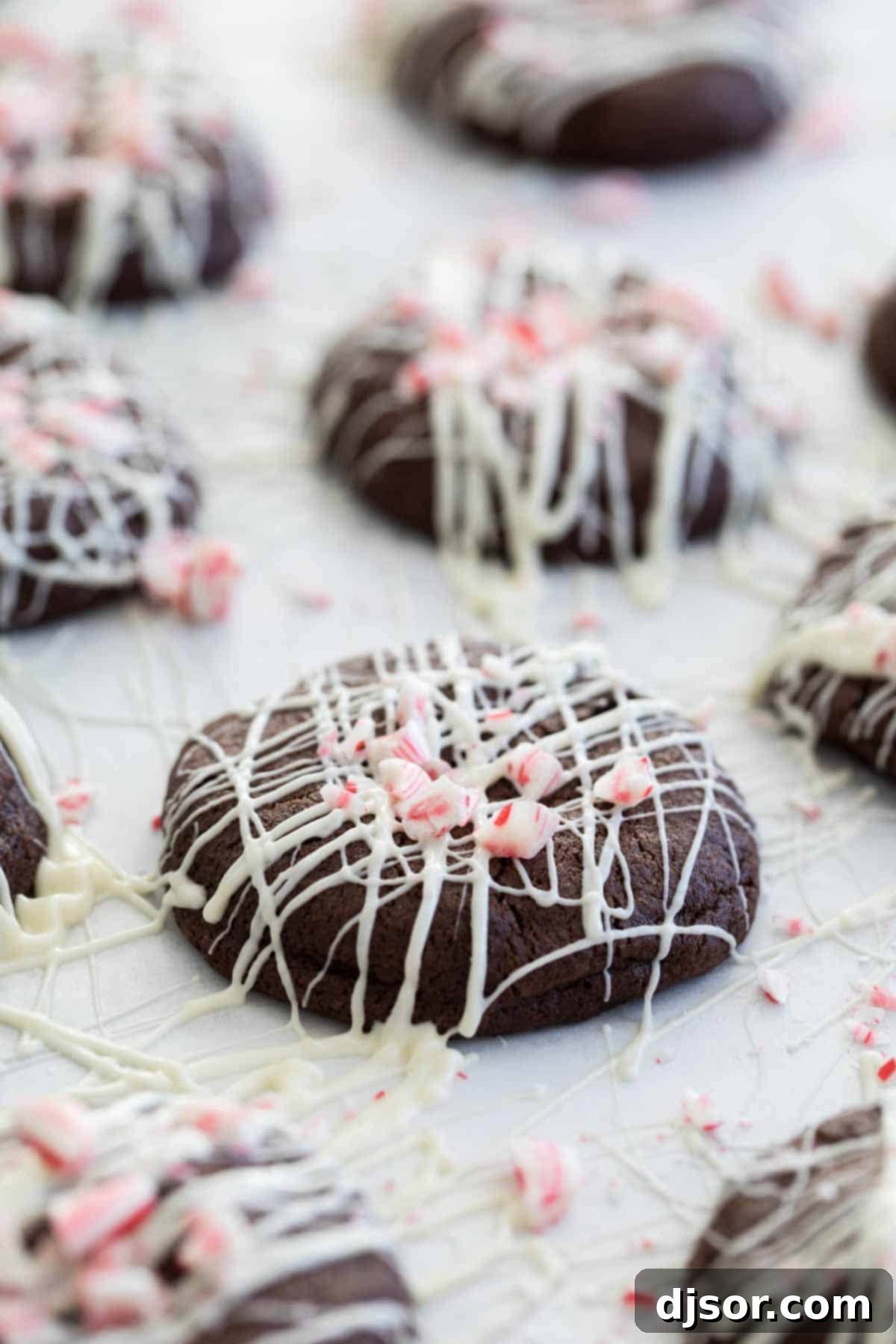 Chocolate Peppermint Cookies topped with white chocolate and candy canes