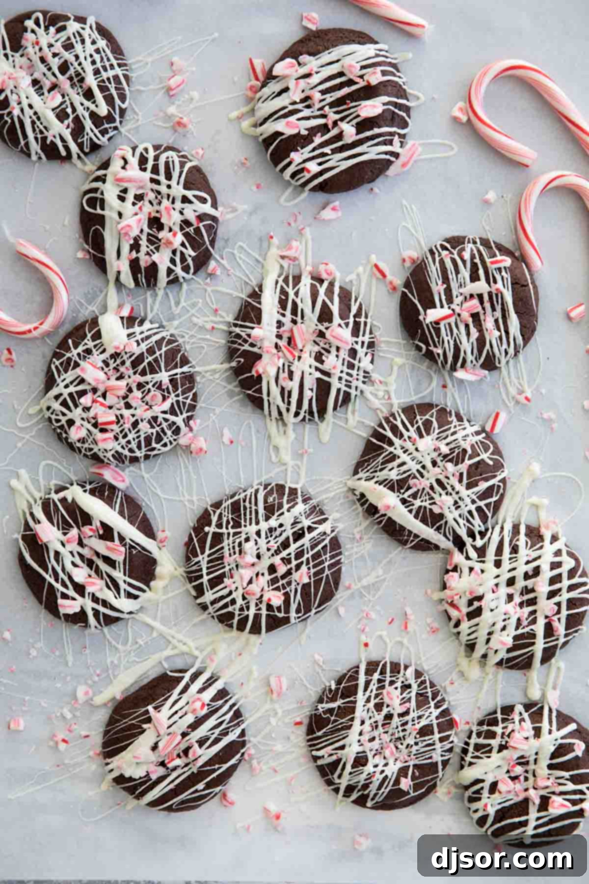 Chocolate Peppermint Cookies with white chocolate with candy canes.