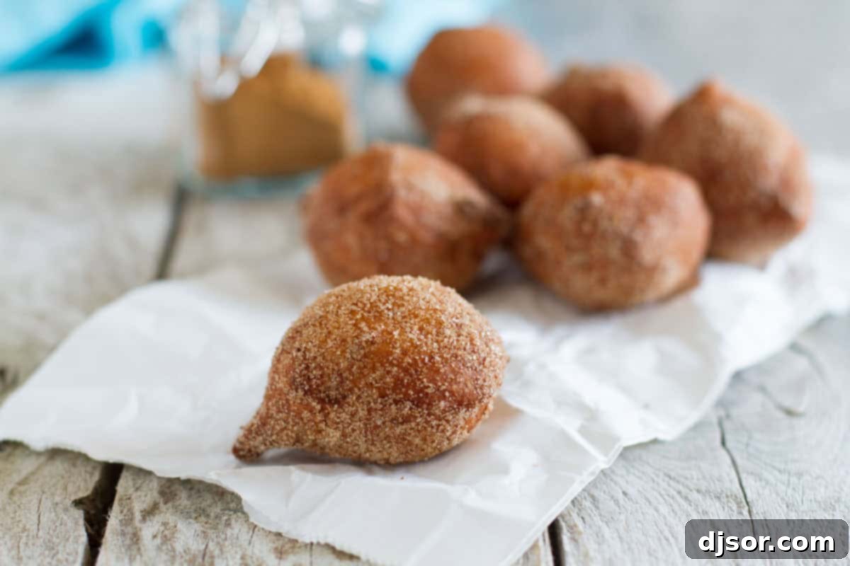 Golden-brown ricotta doughnuts rolled in sparkling cinnamon sugar, nestled invitingly in a paper bag.