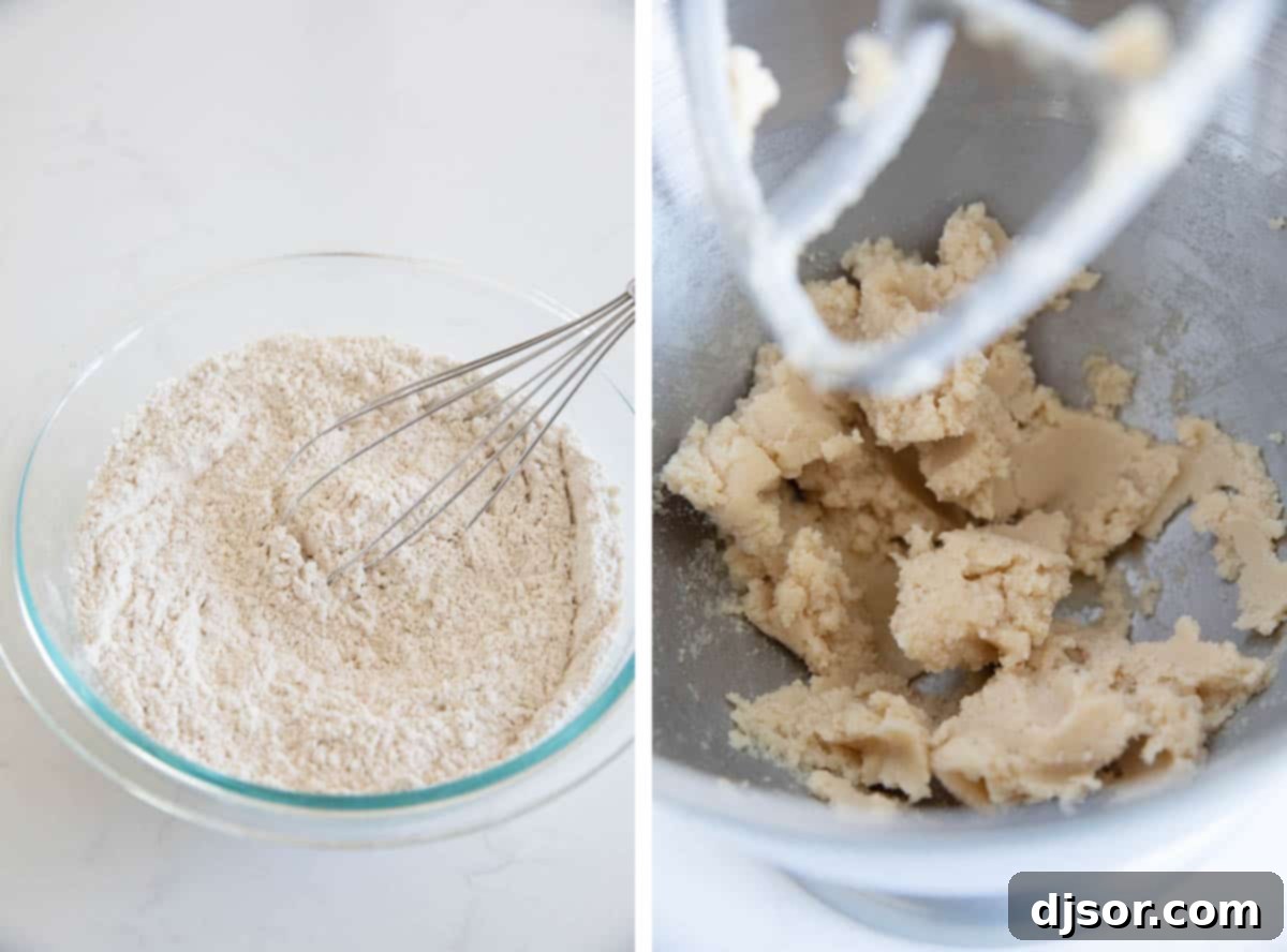 Mixing dry ingredients and creaming butter and sugar for ginger cookies.