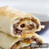 French Dip Tortilla Roll Ups cut in half and stacked