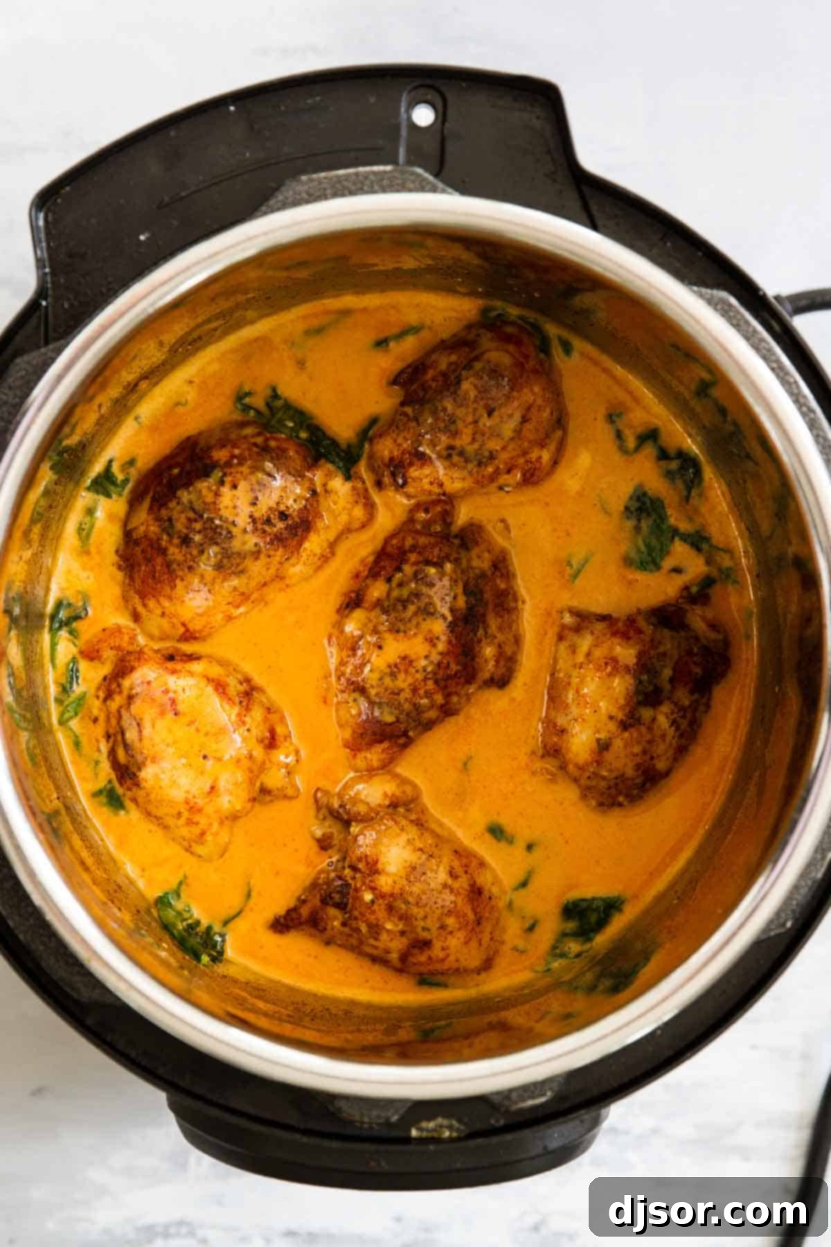 Easy Garlic Paprika Instant Pot Chicken Thighs Close-up of Garlic Paprika Instant Pot Chicken Thighs in a creamy sauce, ready to be served.