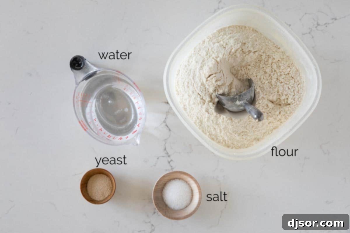 Ingredients for Easy French Bread Four essential ingredients laid out for making French Bread: water, yeast, salt, and flour