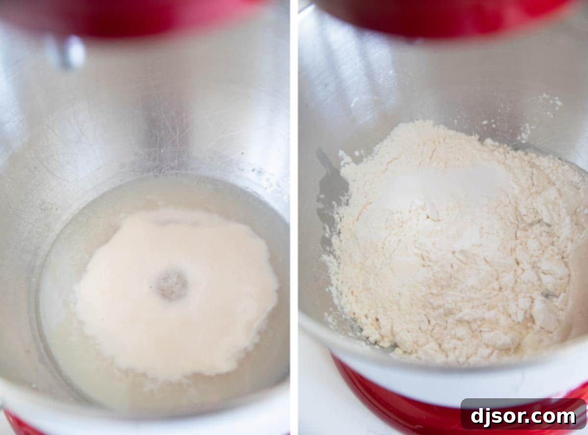 Preparing the Dough: Yeast and First Flour Addition Close-up of yeast activating in warm water, followed by the initial mixing of flour
