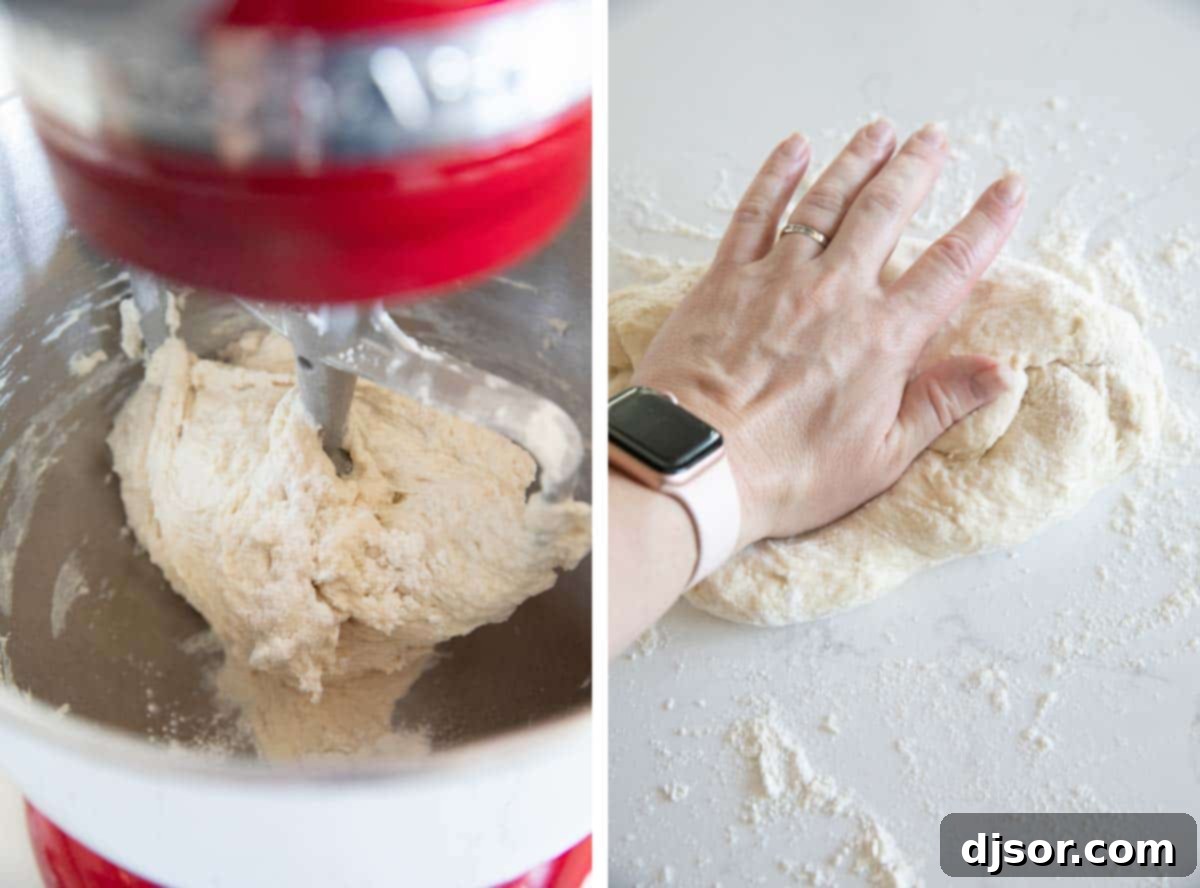 Dough Development: Mixing and Kneading Detailed view of French bread dough being mixed in a stand mixer and then kneaded by hand
