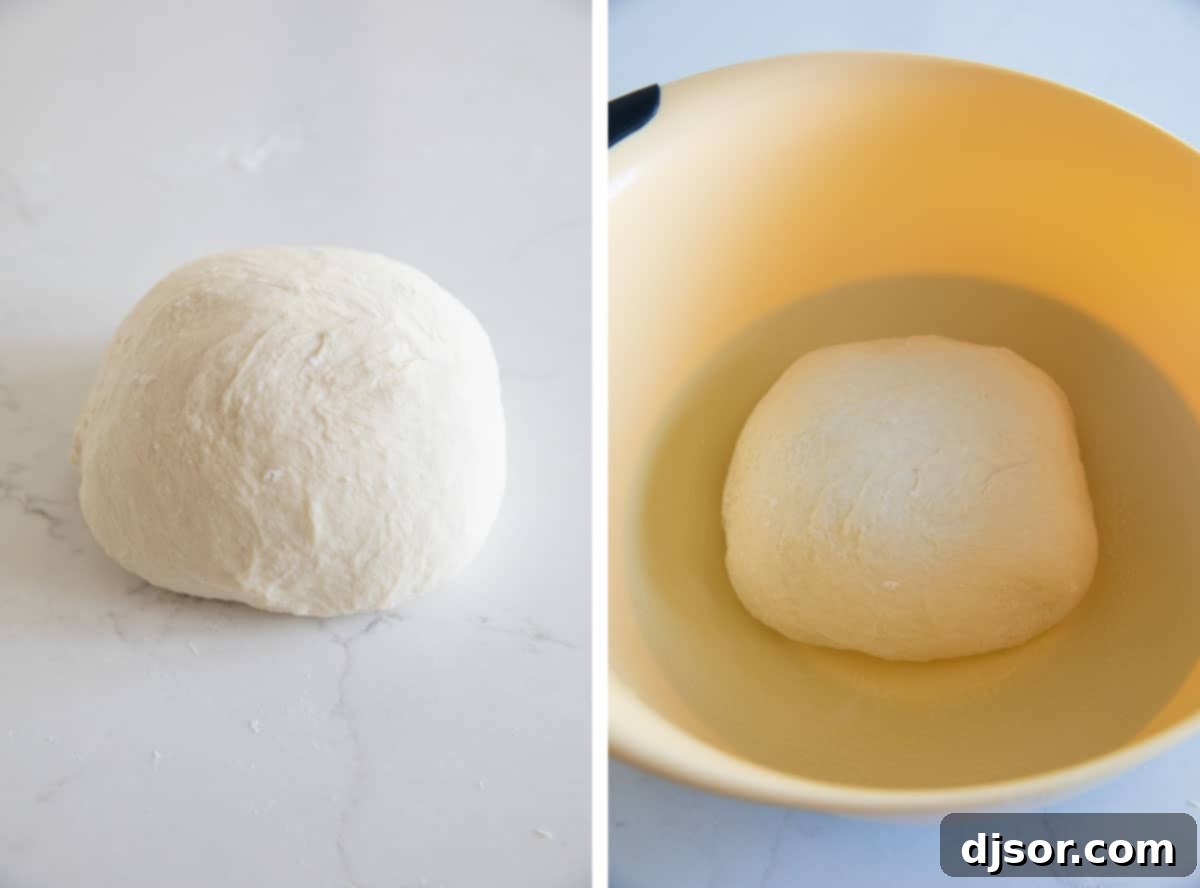Dough Proofing: Ball and Rising Bowl The prepared French bread dough shaped into a ball, ready for its first rise in a greased bowl