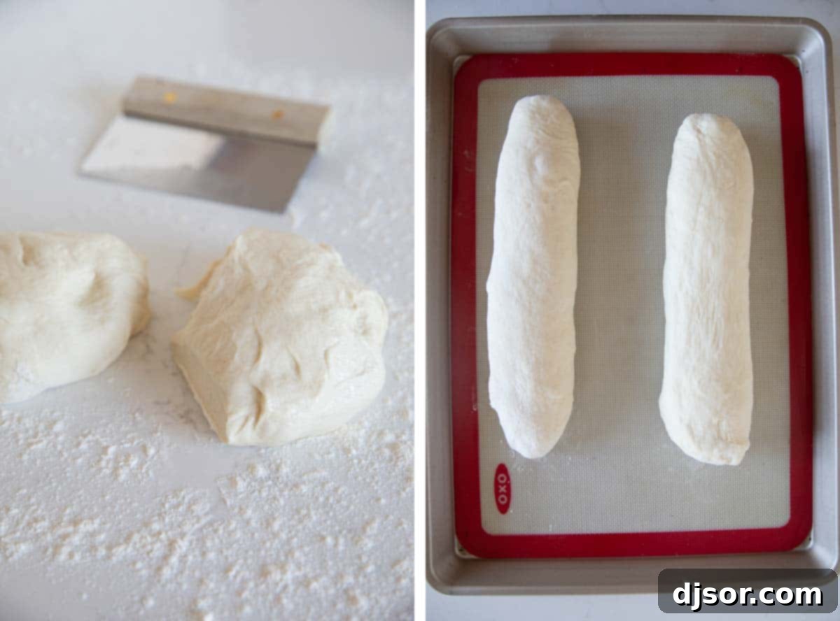 Shaping the Dough into Loaves Divided French bread dough pieces being expertly shaped into long, elegant loaves
