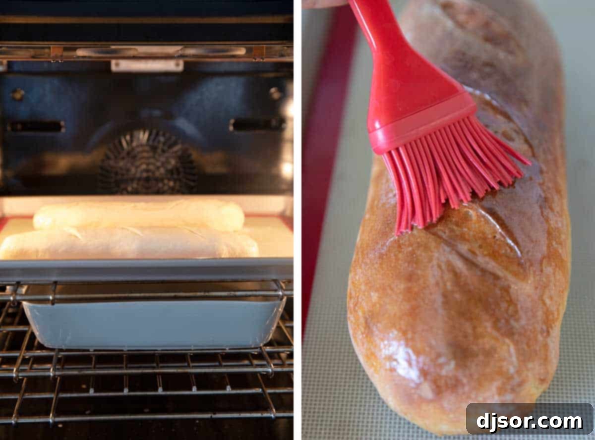 Baking Process and Optional Butter Glaze French Bread baking in the oven, with an option to brush with butter for a softer crust