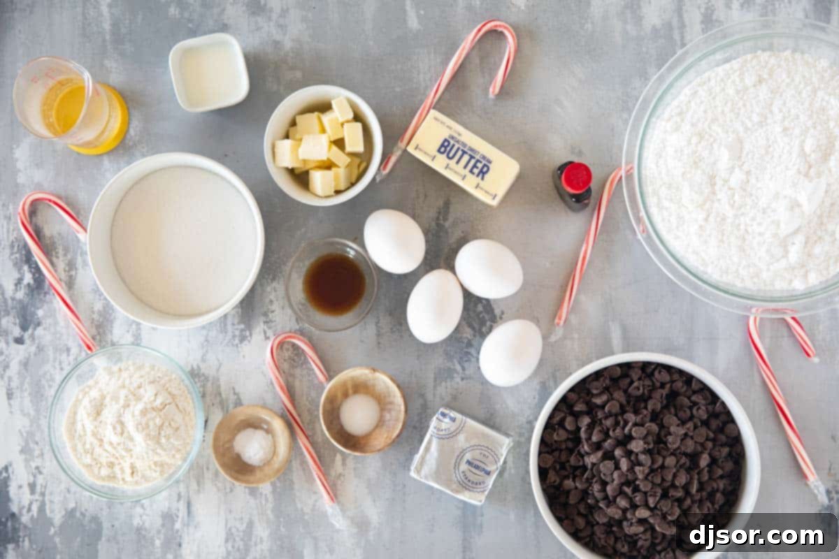 Chocolate Peppermint Dream 3 A selection of fresh ingredients neatly arranged for baking Peppermint Brownies, including sugar, butter, chocolate, eggs, and peppermint extract.