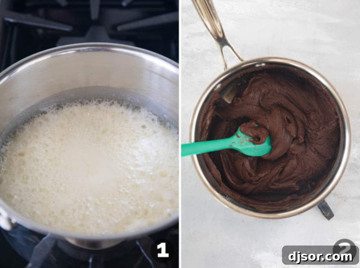 Chocolate Peppermint Dream 4 A saucepan on a stovetop with sugar, butter, and water simmering, illustrating the initial steps of preparing the brownie base.