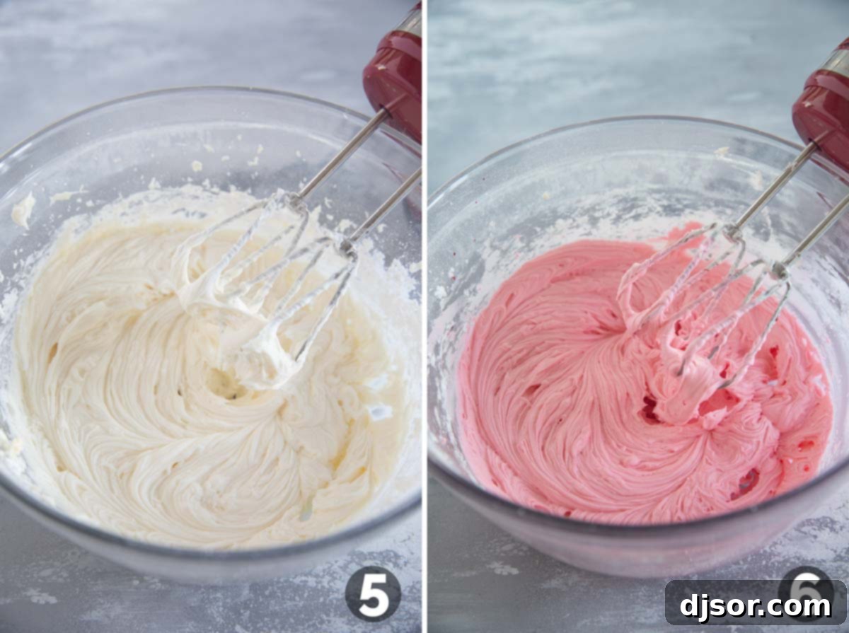 Chocolate Peppermint Dream 5 Room temperature butter and cream cheese being beaten together in a stand mixer, demonstrating the start of the frosting preparation.