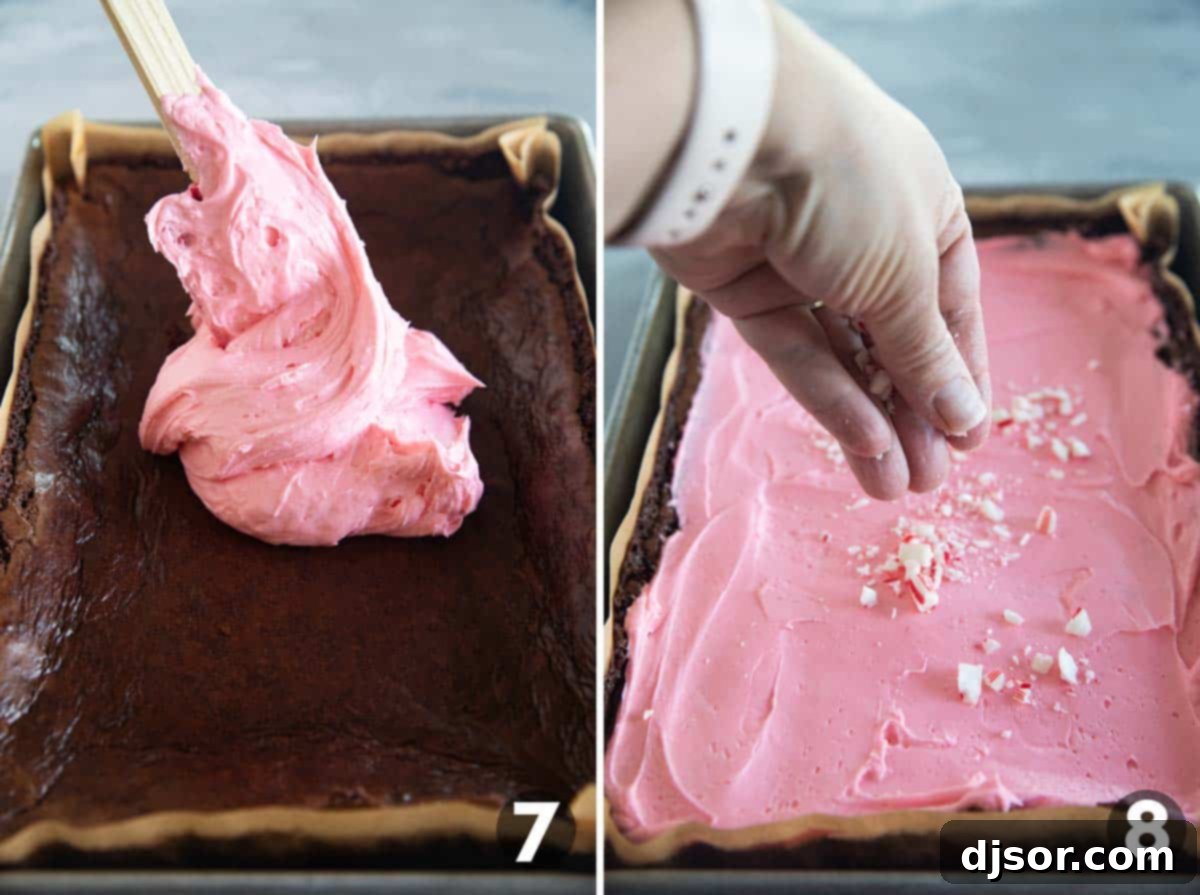 Chocolate Peppermint Dream 6 Beautifully frosted Peppermint Brownies, adorned with crushed candy canes, ready to be cut and served.