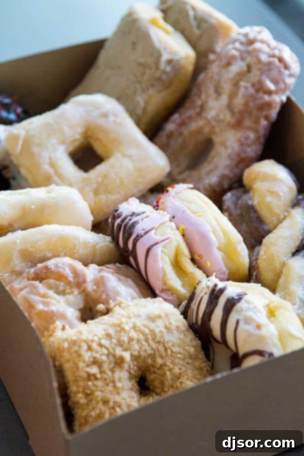 A colorful array of freshly baked donuts, including square donuts, from Lehi Bakery in Utah.