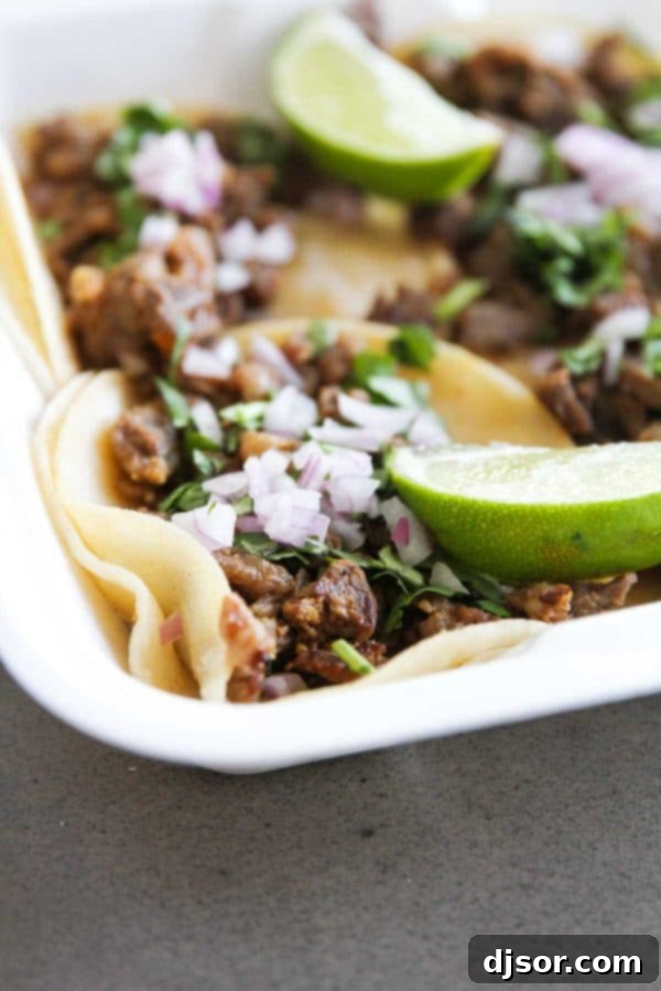 Two carne asada street tacos garnished with fresh cilantro and onions.