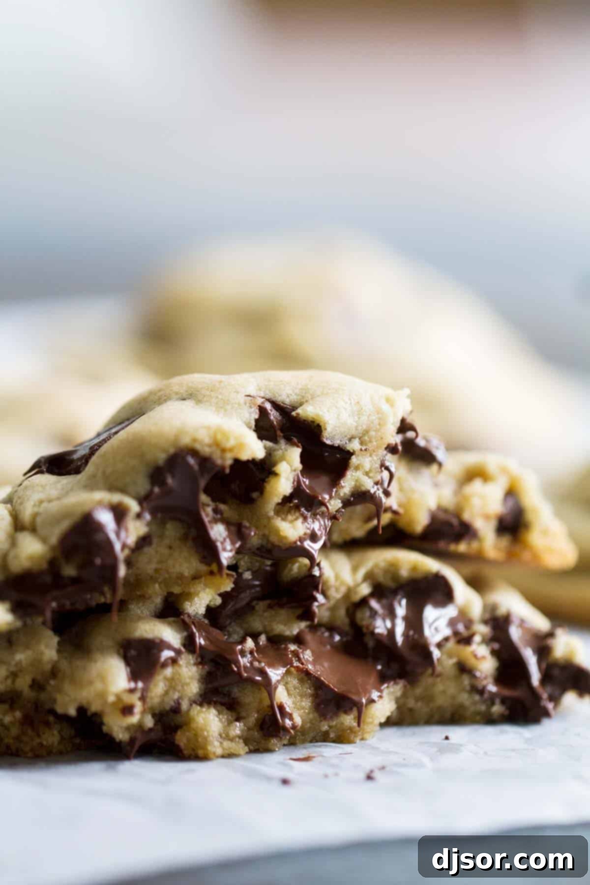 The Ultimate Gooey Giant Chocolate Chip Cookie Gooey Chocolate Chip Cookie broken in half with melting chocolate, emphasizing the texture.