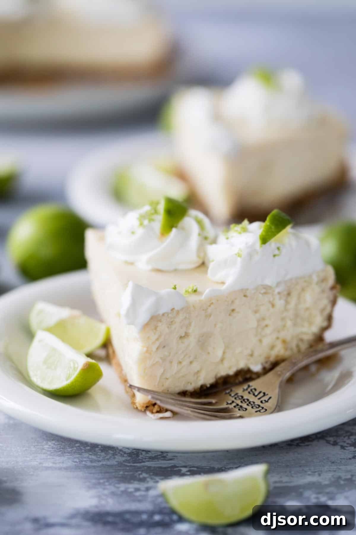 Instant Pot Key Lime Cheesecake - A Slice of Heaven Slice of creamy Instant Pot Key Lime Cheesecake, garnished with lime zest