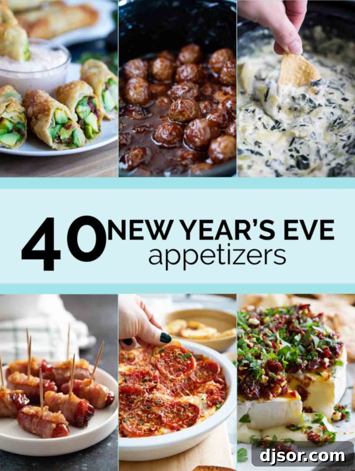 A vibrant collage featuring six distinct appetizer photos, centered around text that reads 'New Year's Eve Appetizers.' This visual guide showcases a variety of easy-to-make, crowd-pleasing bites perfect for your holiday party.