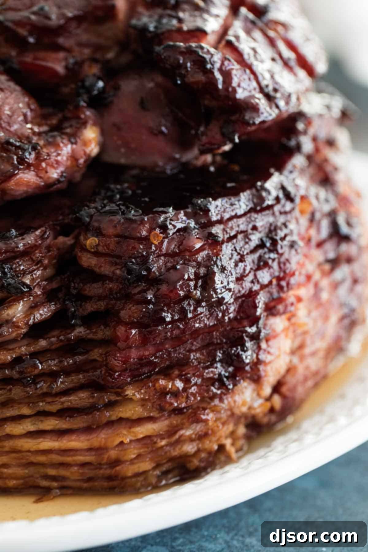 close up of ham with Sweet and Spicy Ham Glaze