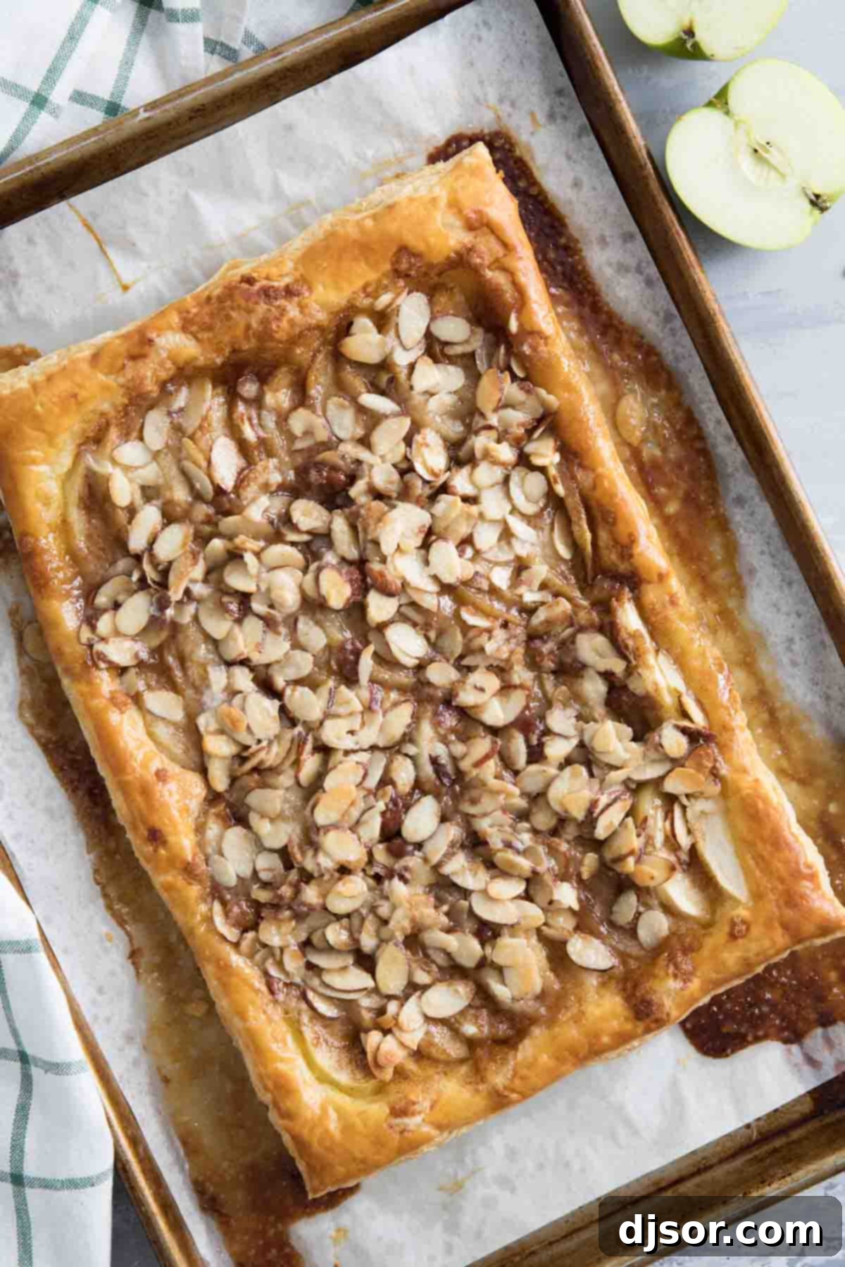 Preparing apples for an easy Apple Tart with Almond Topping, showing lemon juice and brown sugar mixture