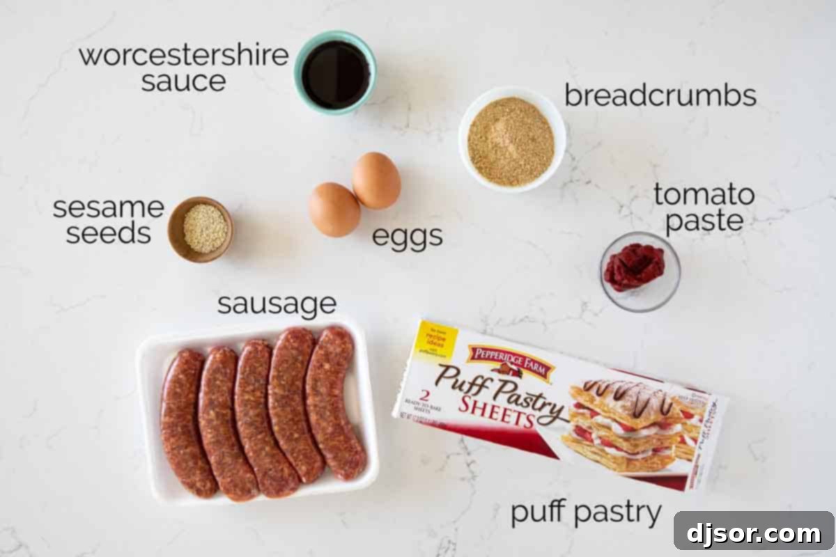 A selection of fresh ingredients for delicious sausage rolls. Fresh ingredients for making homemade sausage rolls laid out on a wooden surface.