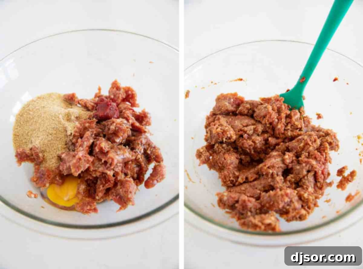 Mixing the savory filling for sausage rolls. A bowl of mixed sausage filling with breadcrumbs, eggs, and seasonings.