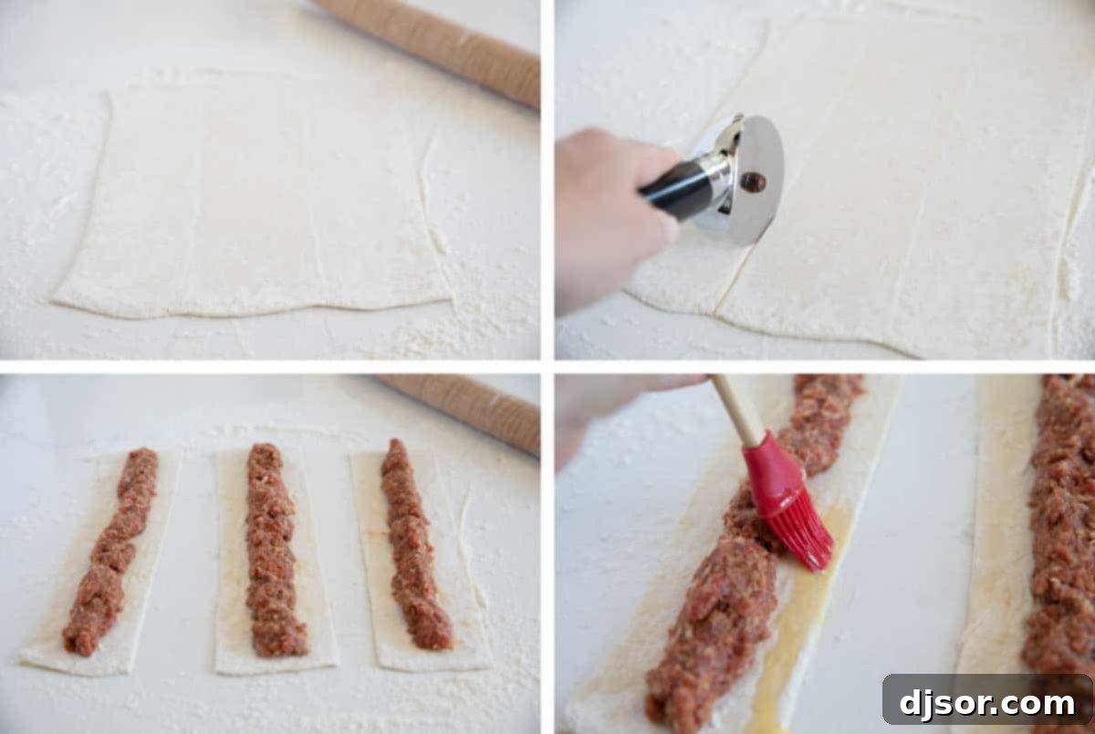 Rolling, filling, and cutting puff pastry for sausage rolls. Detailed steps to make sausage rolls using puff pastry, showing rolling, filling, and cutting.