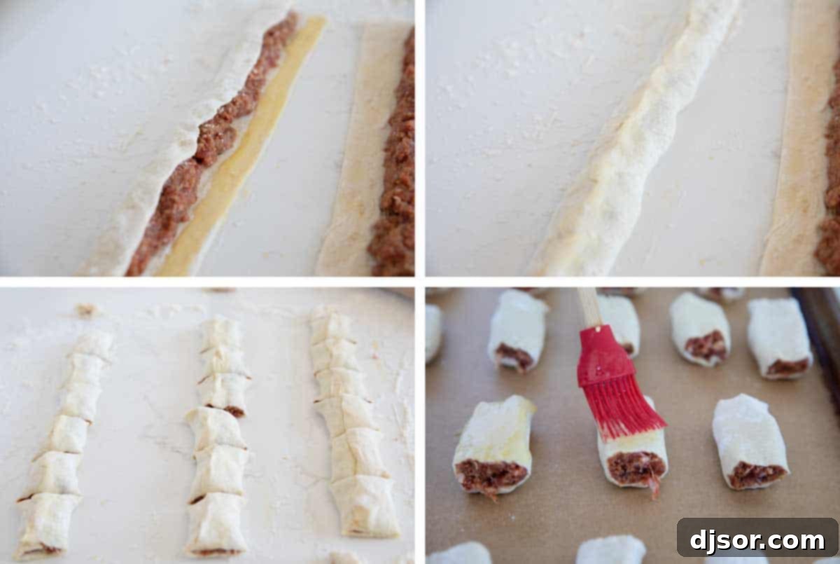 The process of assembling and cutting sausage rolls. Filling puff pastry with sausage mixture and cutting it into individual rolls.