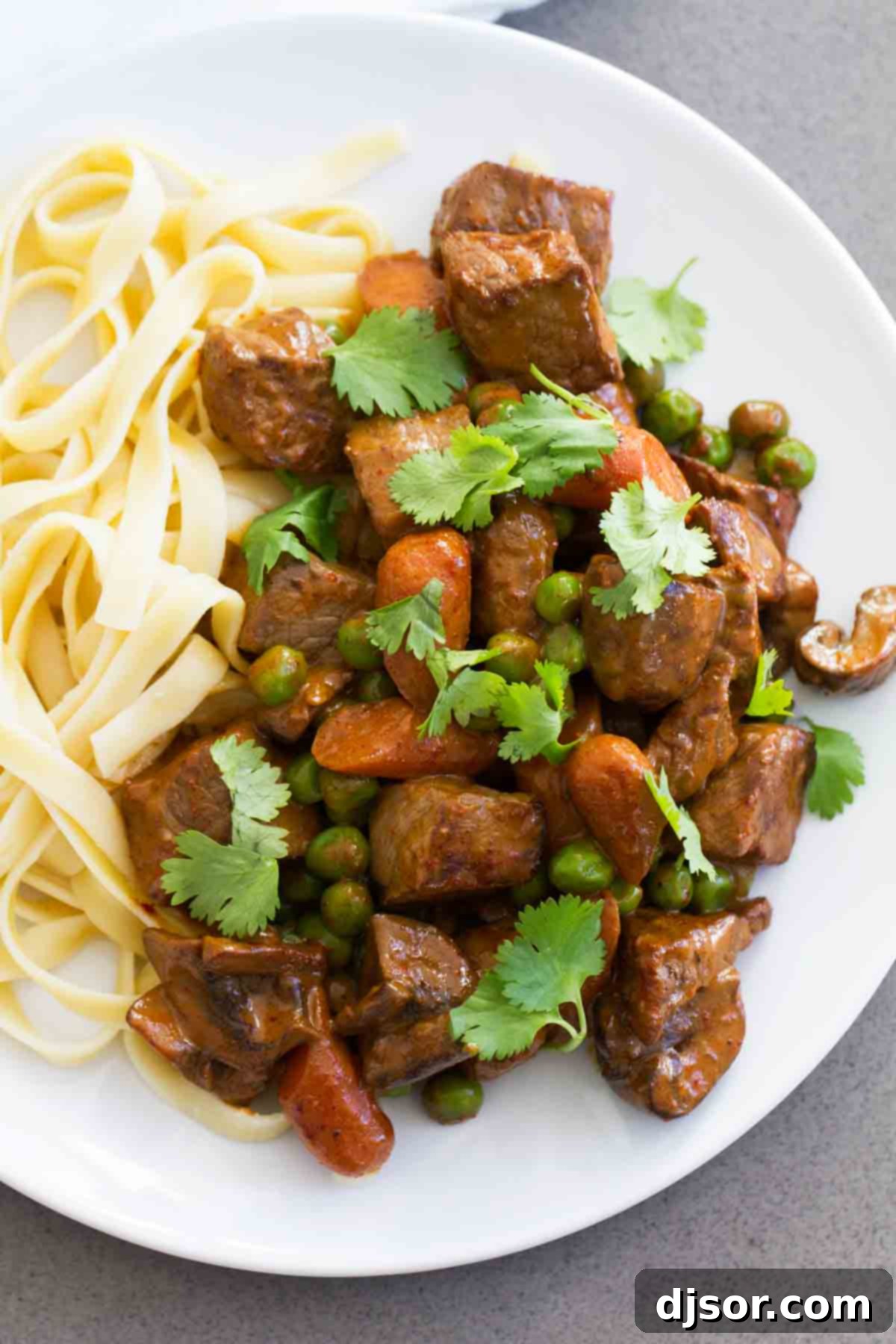 Chili Beef and Vegetables garnished with fresh cilantro, served with pasta for a complete meal.