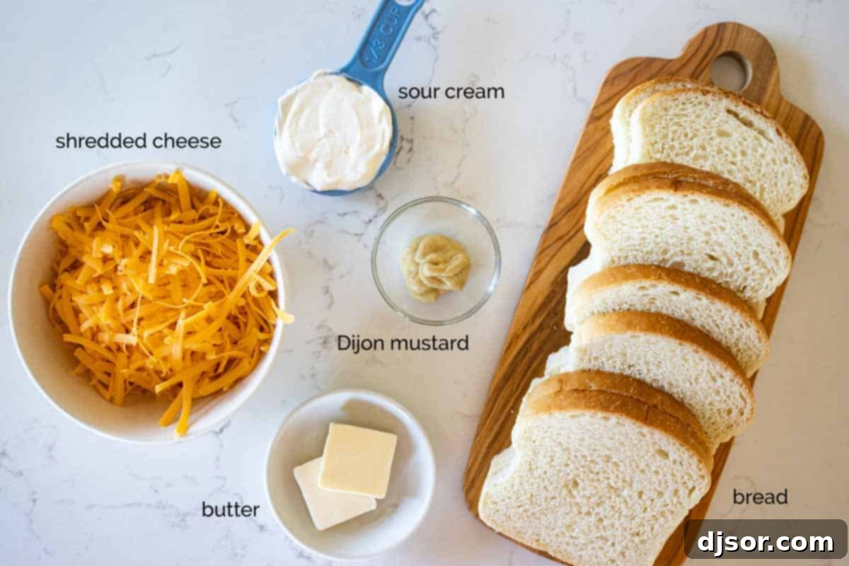 ingredients needed for grilled cheese sandwich laid out on a table