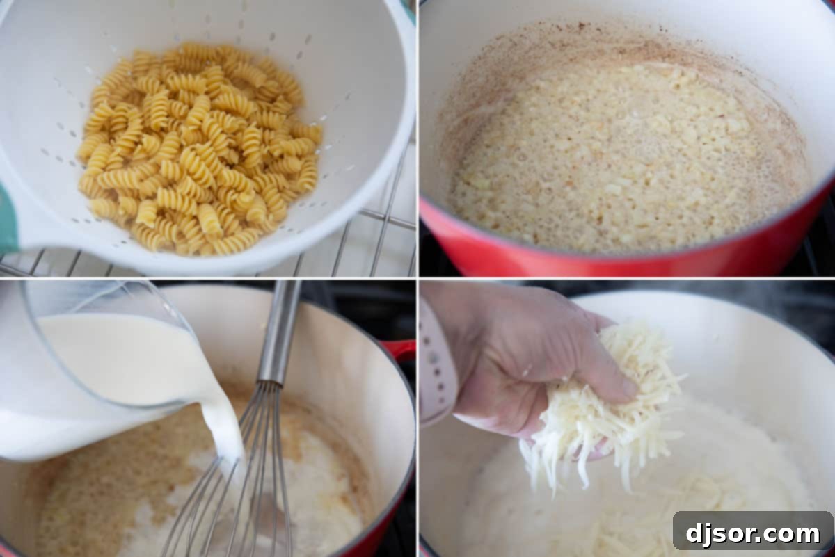 A step-by-step visual of preparing pizza pasta, showing pasta being drained and onions and garlic sautéing in a pan for the sauce.