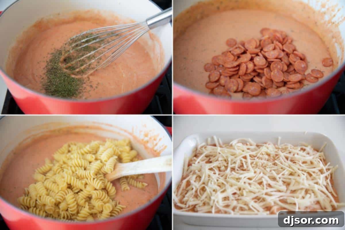 Making the rich, creamy cheese sauce for pizza pasta, showing steps of adding melted mozzarella, tomato sauce, Italian seasoning, pepperoni, and finally mixing in the cooked pasta.