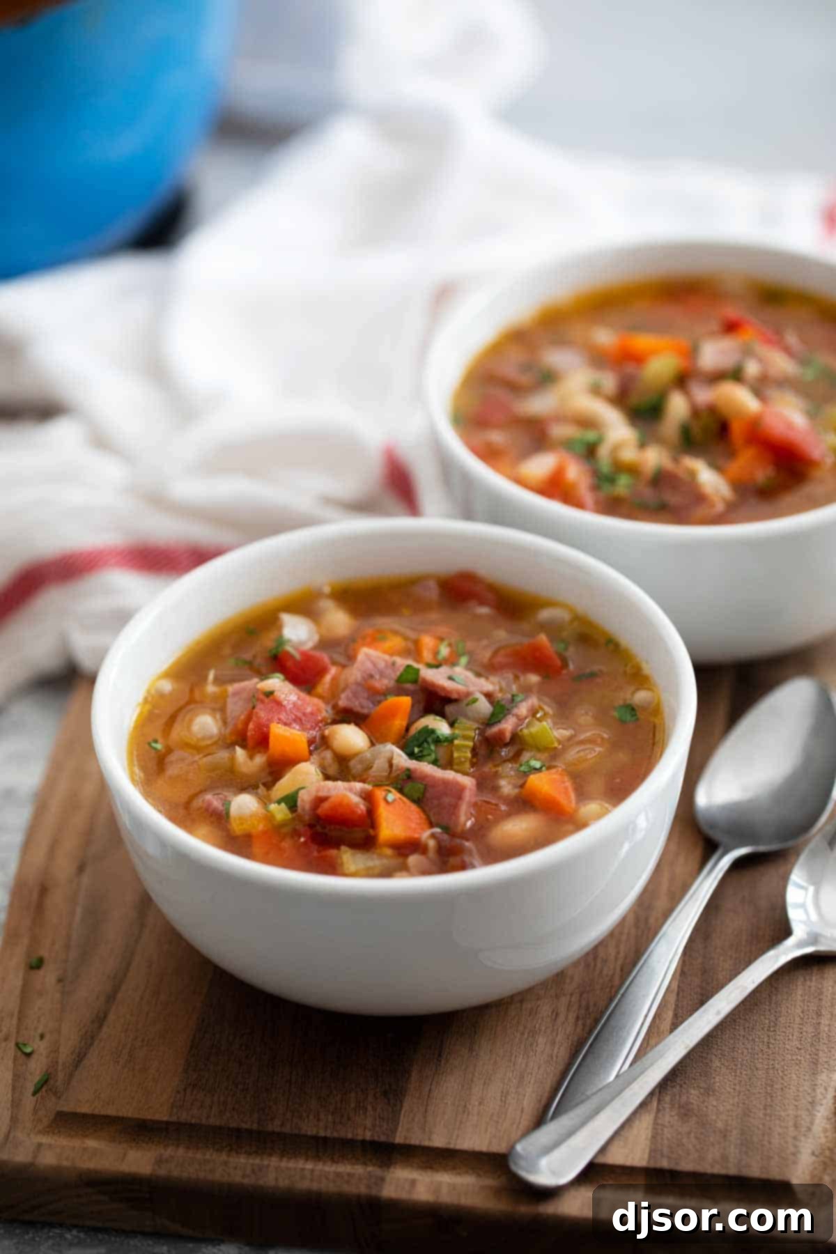 The best Ham and Bean Soup, perfectly seasoned and ready to serve. Close-up of the best Ham and Bean Soup, showing the texture of the beans, ham, and vegetables.