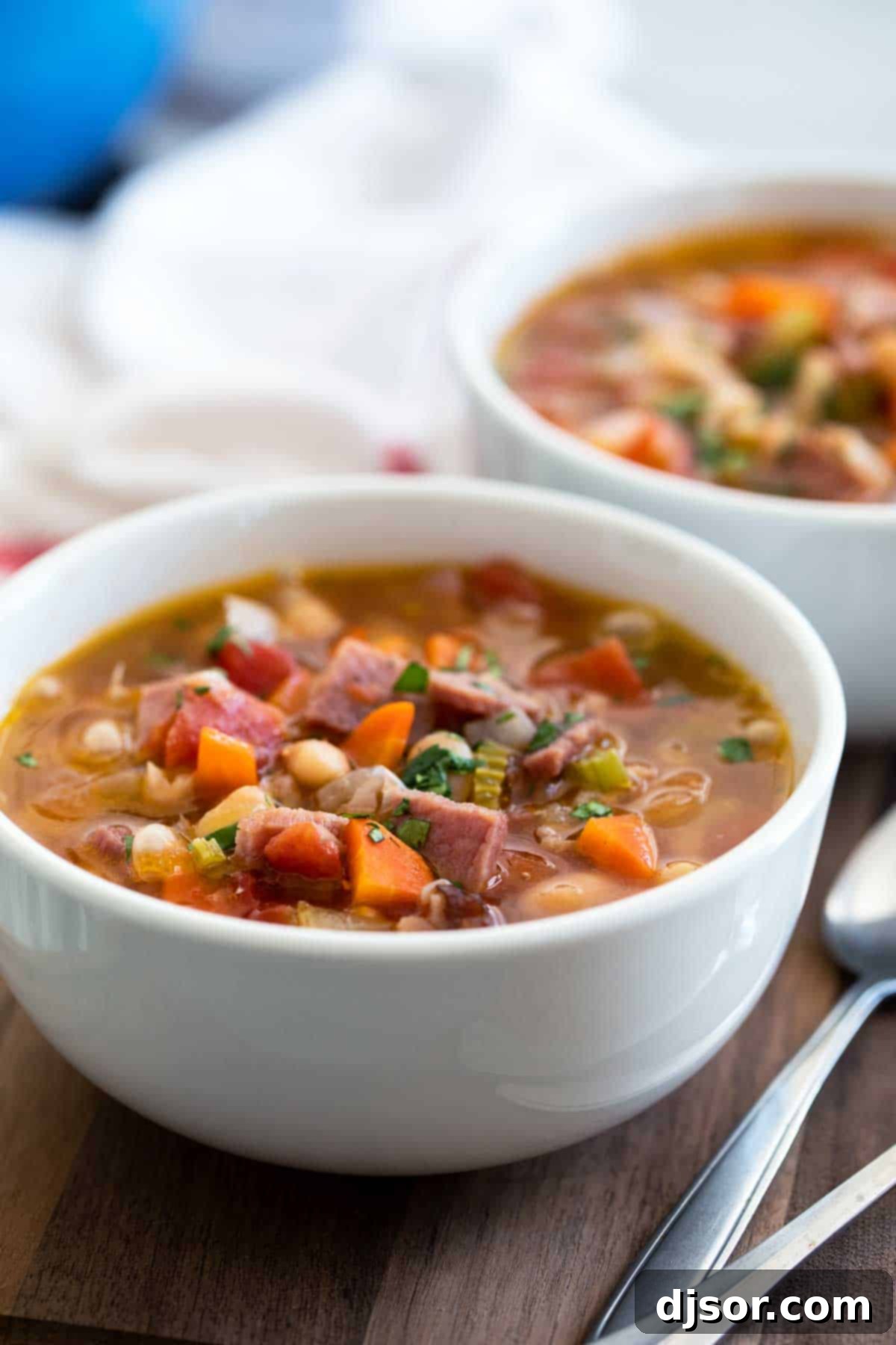 The final result: a perfectly made Ham and Bean Soup, ready to be enjoyed. A serving of Ham and Bean Soup in a white bowl, with a spoon, highlighting the finished dish.