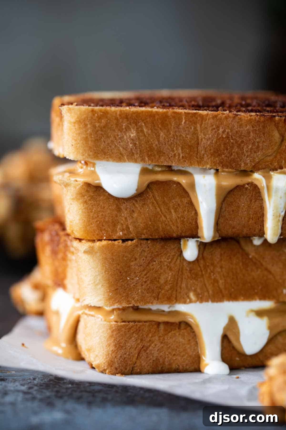 An elevated Fluffernutter Panini, featuring melted marshmallow creme, smooth peanut butter, and crunchy candied peanuts, all grilled to perfection on cinnamon sugar bread. A perfectly stacked Fluffernutter Sandwich, showcasing its layers of peanut butter, marshmallow creme, and candied peanuts on cinnamon-sugar crusted bread.
